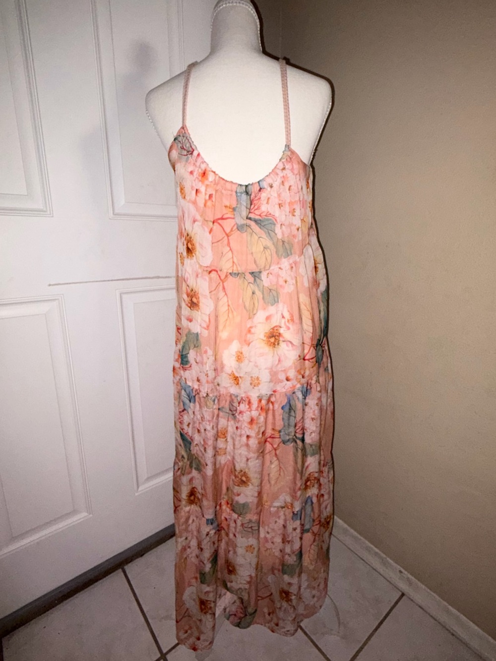 Elena Baldi Silk Blend Made In Italy Peach Floral Tiered M Dress Romantic - Picture 5 of 8